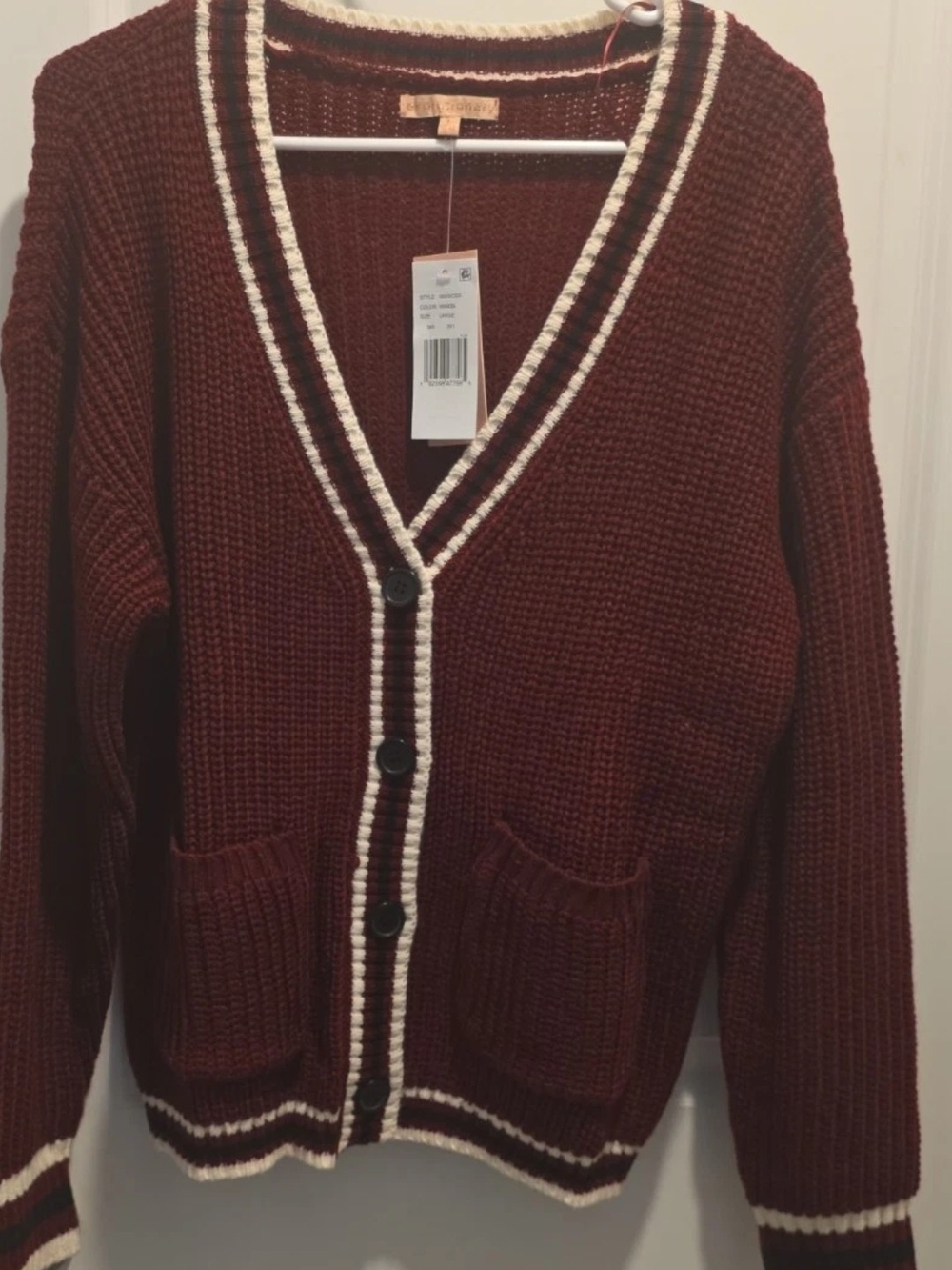 Ribbed V-Neck Button Cardigan Sweater - Rust with Cream Trim